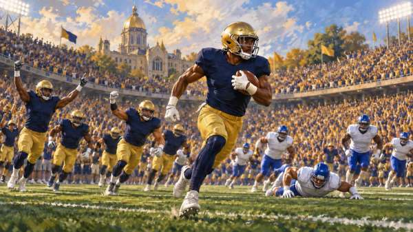 Editorial illustration of a navy-and-gold football player returning a turnover in a packed stadium as teammates celebrate.