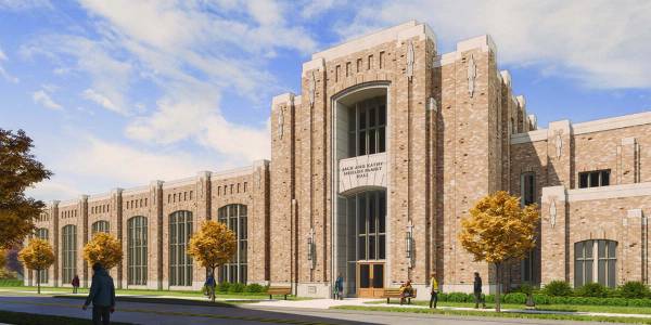 Architectural rendering of Jack and Kathy Shields Family Hall at Notre Dame, showing its brick exterior and main entrance.