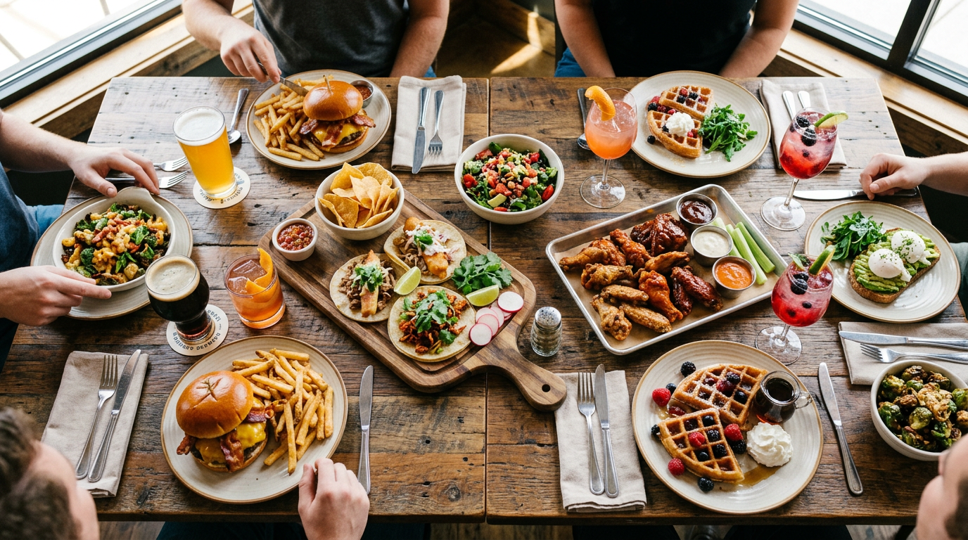 Shared table covered with burgers, waffles, salads, wings, drinks, and brunch dishes