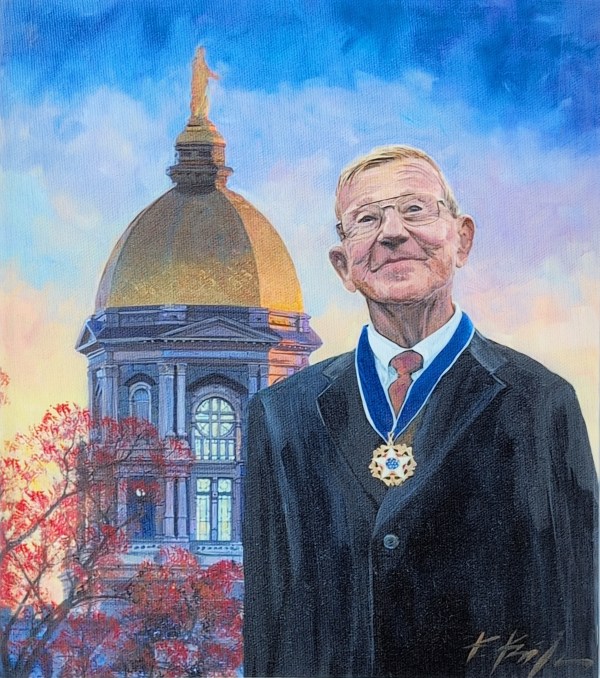Illustration of Coach Lou Holtz in front of Notre Dame's Golden Dome